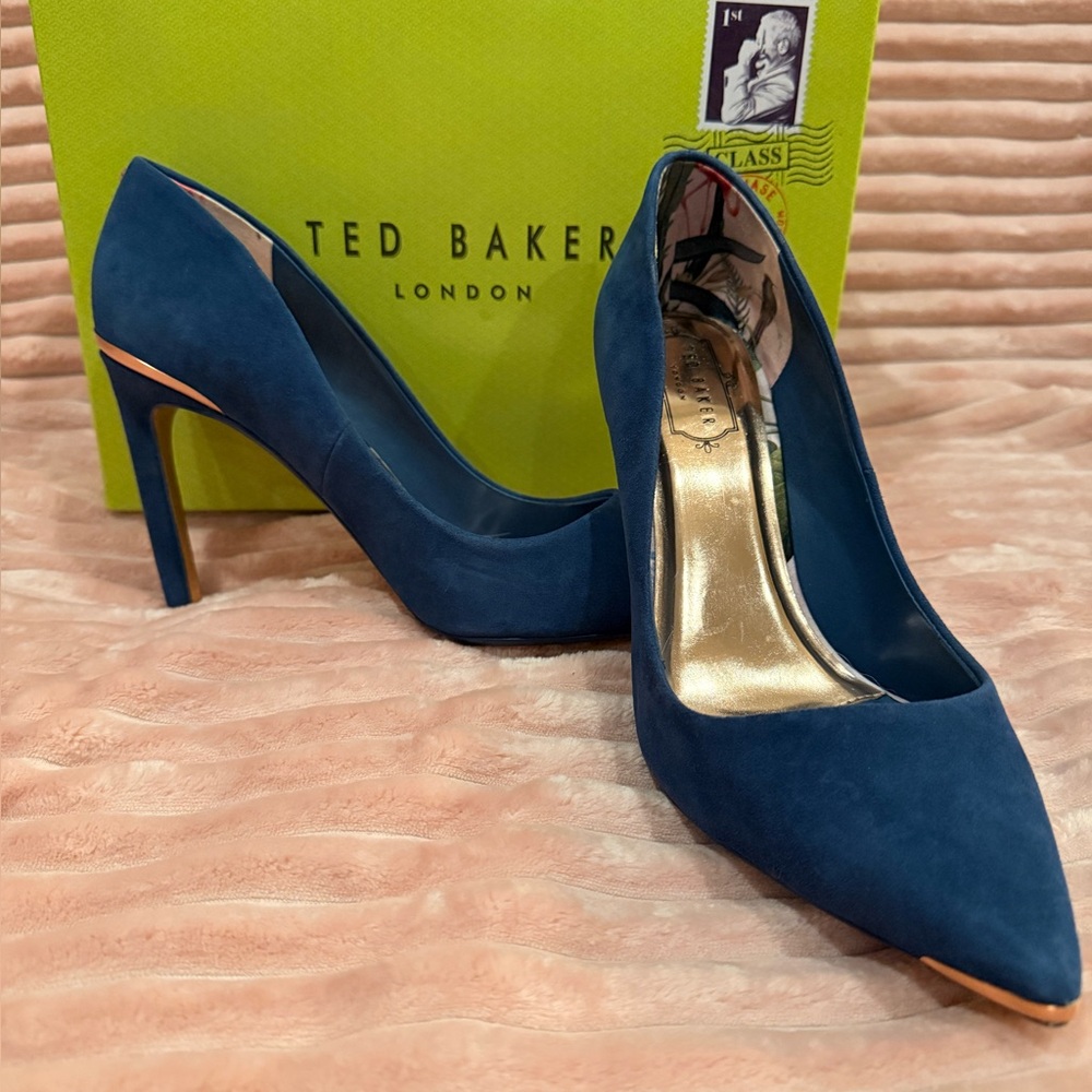 Ted Baker Melnis Denim Blue Heels with Gold Accents - Picture 6 of 16